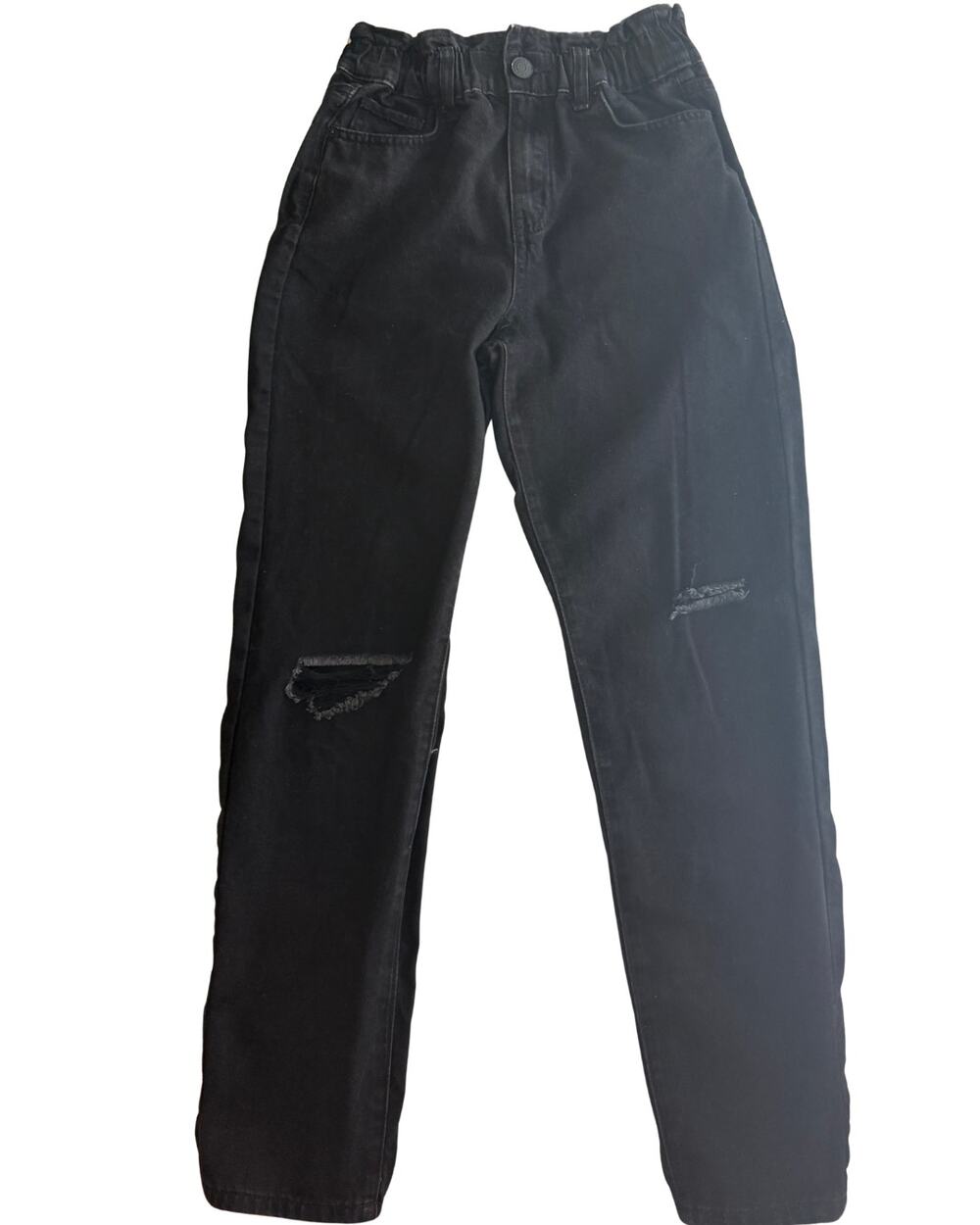 Women’s Black Distressed Knees Paperbag Waist Jeans Small High Rise Ripped Denim